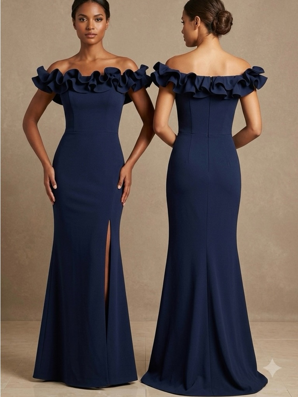 Xscape Navy One-Shoulder Ruffle Evening Gown
